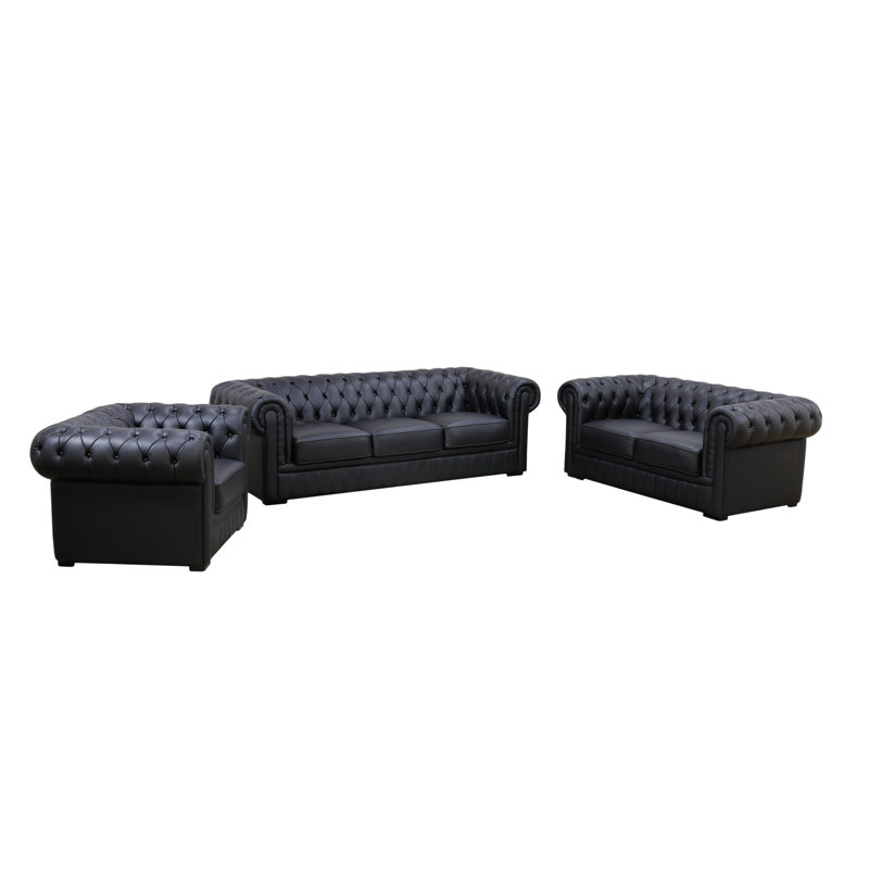 Ensemble de canapé de salon classique en cuir de vache véritable capitonné 3 pièces, Cuir véritable noir