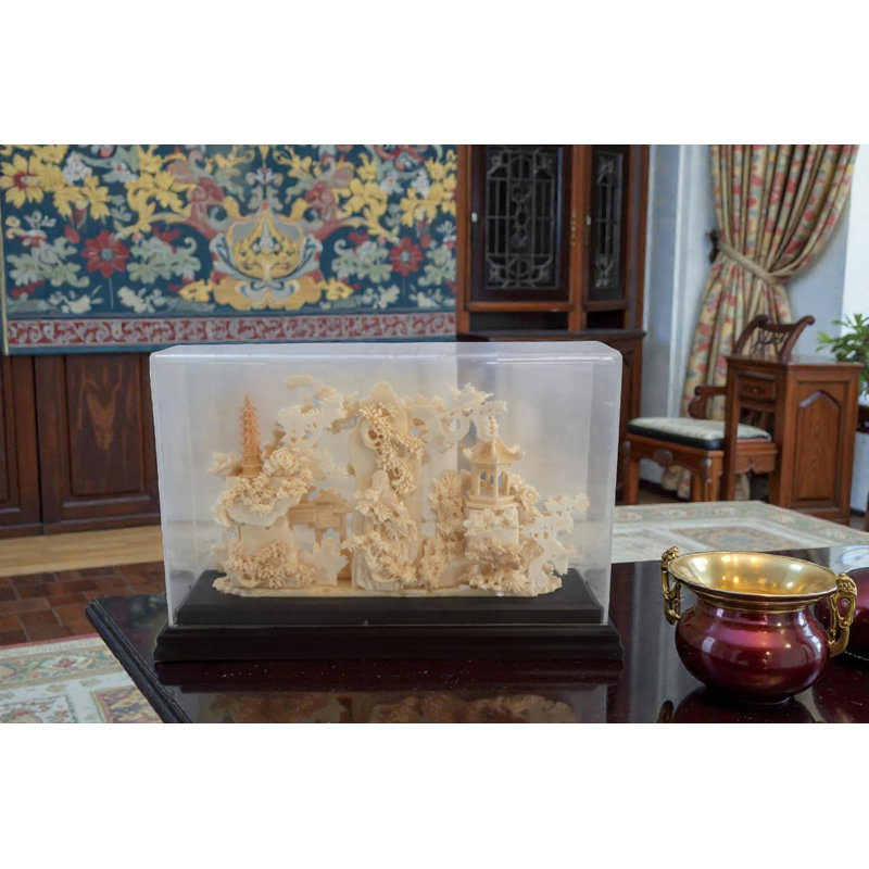 Paysage asiatique sculpté diorama avec pagode dans un étui 11 po x 4 po x H 7 po