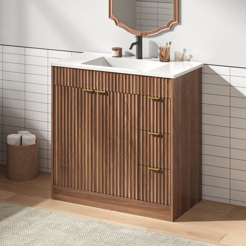 Adonia Modern 36" Walnut Single Bathroom Vanity With SMC Top, Fluted Bathroom Cabinet With Doors, Brown, 36"