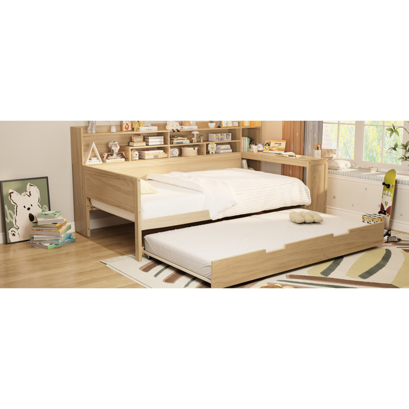 Lit de jour simple avec rangement en bois et configuration de bureau efficace, Naturel, Lit simple