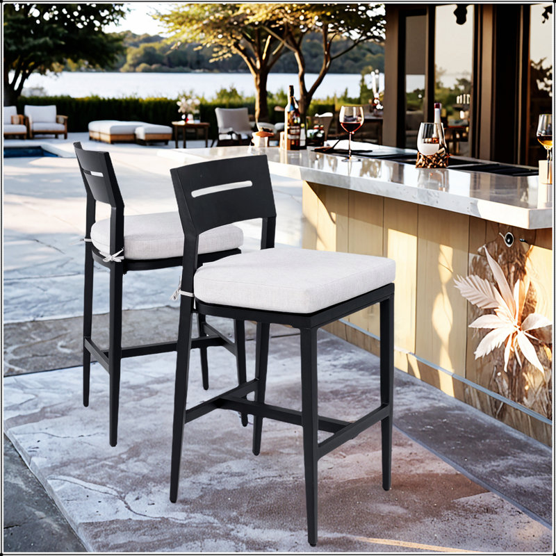 Modern Outdoor 2PC Bar Stools, Aluminum Patio Bar Chair With Ergonomic Backrest, Tapered Legs, Footrest, Weather-Resistant For Garden, Poolside, And Kitchen Island