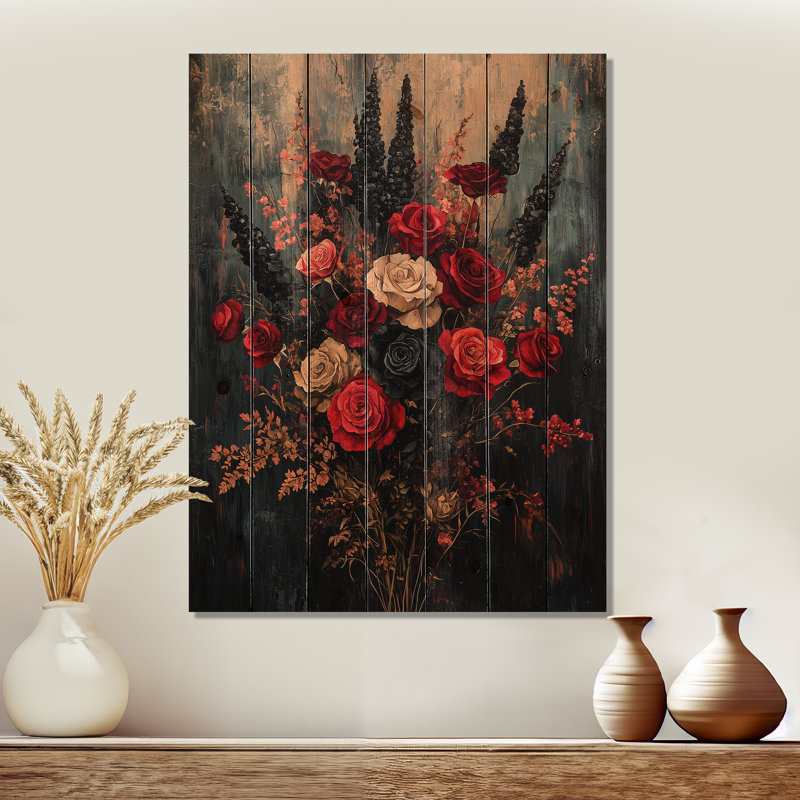 Abstrait bouquet de roses gothique foncé I - reproduction de bois de roses - sur bois de pin naturel