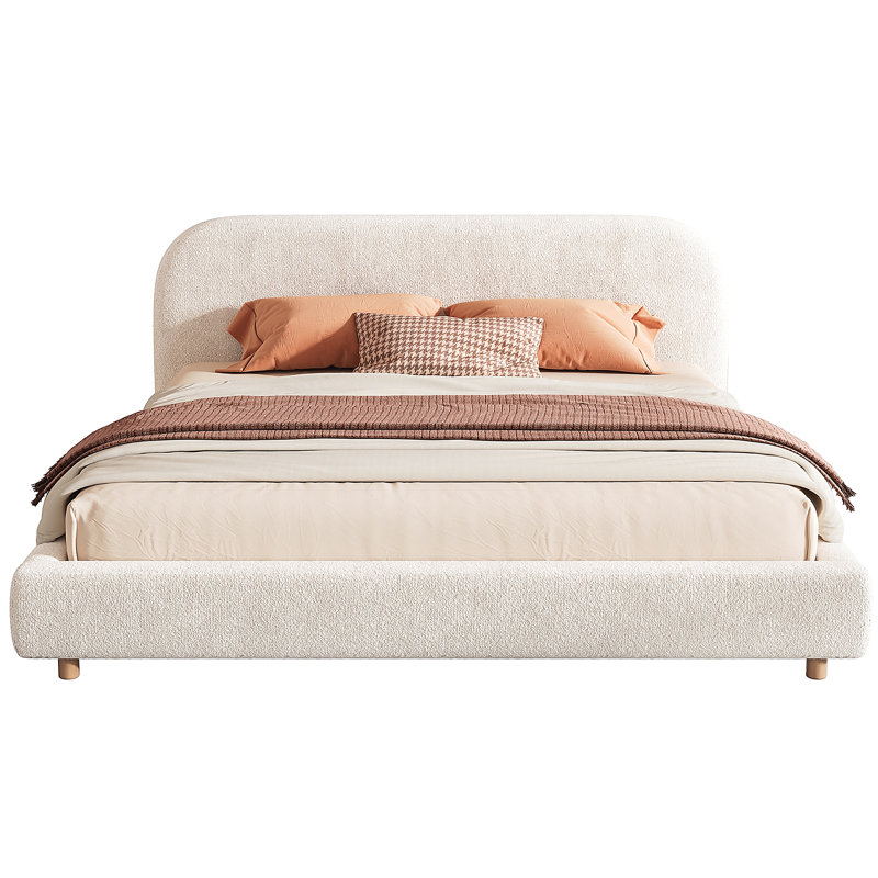 Lit plateforme avec tissu Boucle, lit plateforme tapissier Boucle Fabric avec tête de lit courbée, blanc, assemblage facile