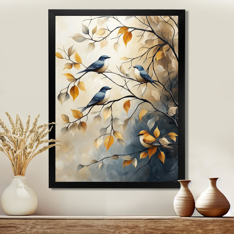 Oiseaux chanteurs sur des branches d'automne - Tableau encadré d'oiseaux bleus, H 32 po x l 24 po, Cadre photo noir
