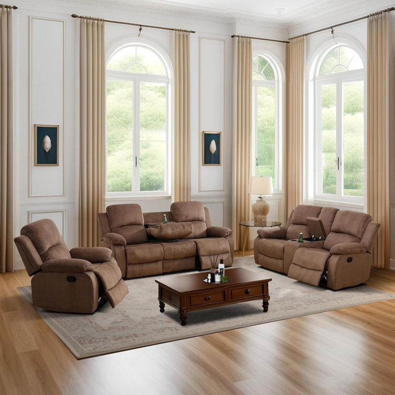 Velvet 3-Piece Manual Reclining Sofa Set with Console & Drop-Down Table