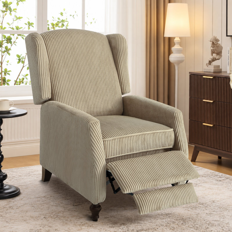 Fauteuil inclinable manuel moderne en velours côtelé de 26,5 po de largeur avec dossier à oreilles classique et pieds en bois en forme de vase