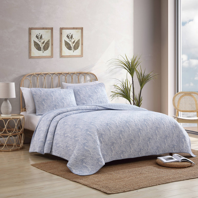 Tommy Bahama Distressed Water Leaves Blue Cotton Reversible Quilt Set, Queen Quilt + 2 Standard Shams