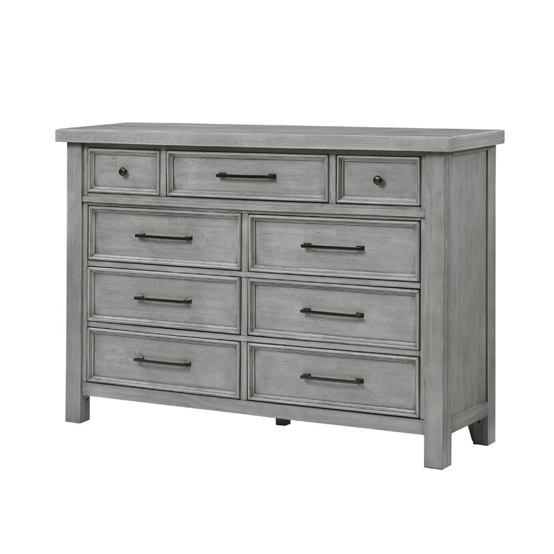 Commode Daisy 62 po, placage de manguier gris, 9 tiroirs, métal bronze