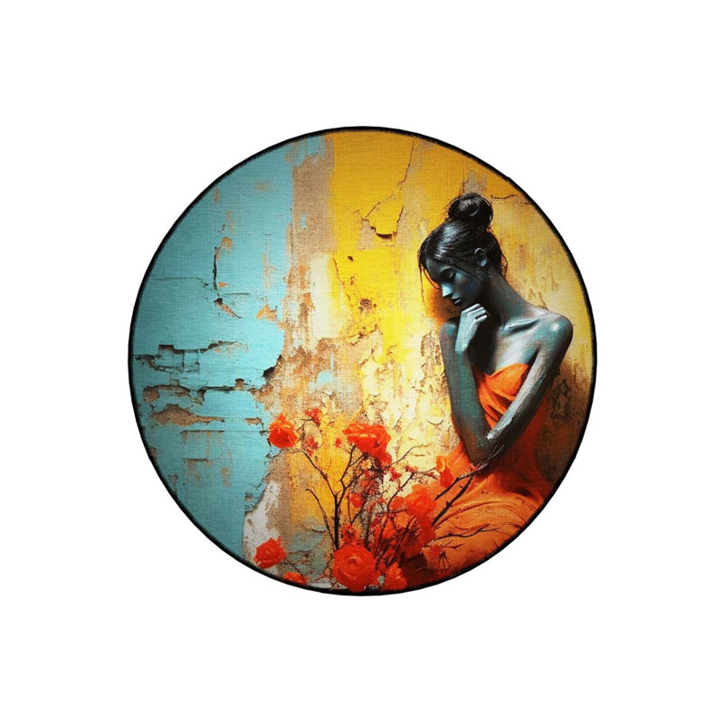 Multicolored Abstract Female Figure And Floral Pattern Round Woven Base Modern Decorative Carpet, Round 4'