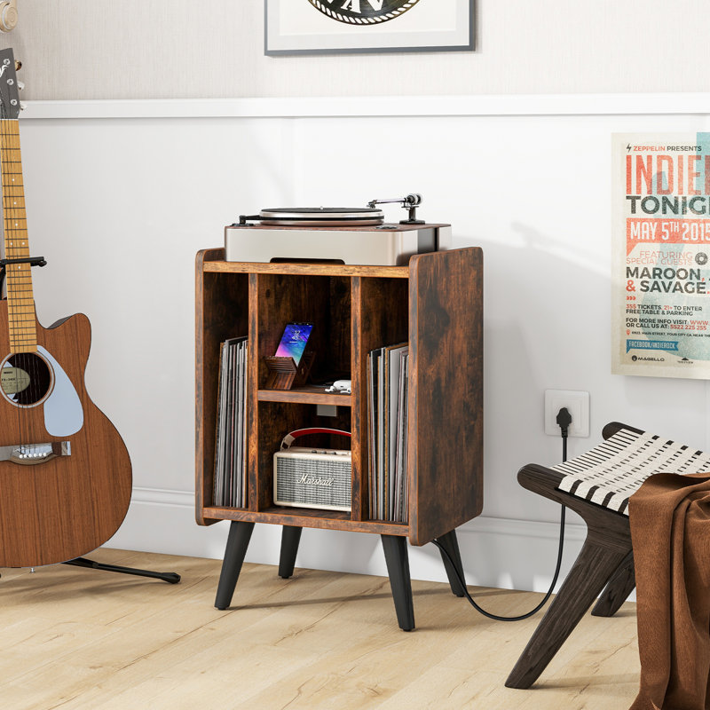 Millwood Pines Record Player Stand W/ Charging Station & Usb Ports, Nightstand Side Table W/ Vinyl Storage Cabinet For Living Room Bedroom, Album Display Shelf Turntable