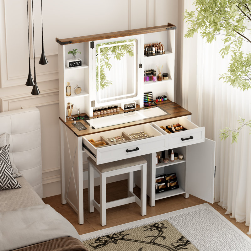  Avesta Makeup Vanity with Adjustable LED mirror and Jewelry Cabinet,Charging Station, Antique White