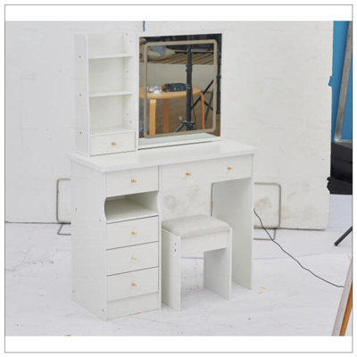 Left Drawer Desktop Vanity Table with Cushioned Stool, 2 AC and 2 USB Sockets, Hair Dryer Stand, Large Touch Control LED Sliding Mirror, 3-Color Switch Makeup Dressing Set
