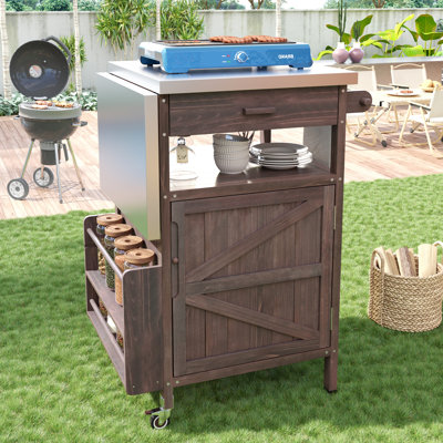 Outdoor Grill Cart With Stainless Steel Top, Solid Wood Rolling Kitchen Cart With Drop Leaf, Drawer & Locking Wheels, Brown