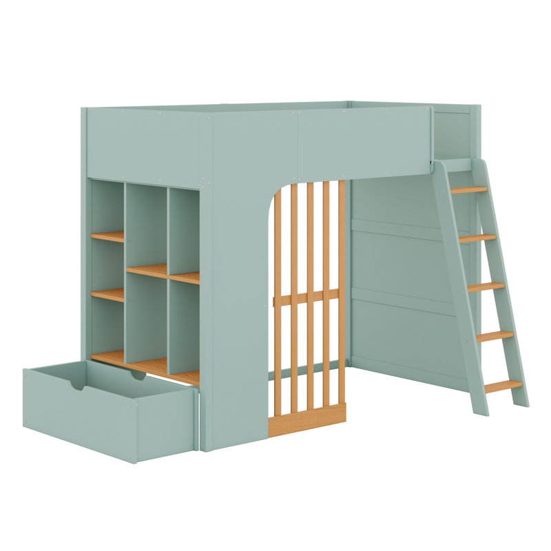 Lit mezzanine avec échelle et tablettes de rangement pratiques, Twin, Vert menthe + chêne naturel