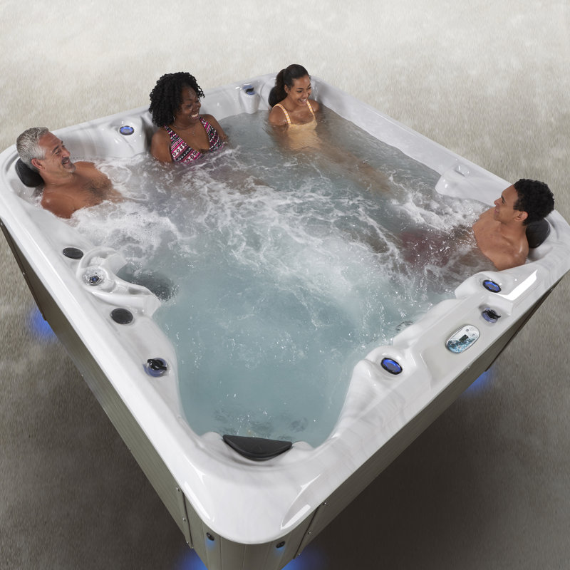 Redwood and Gloss White 6-Person Square Hot Tub with 100 Jets