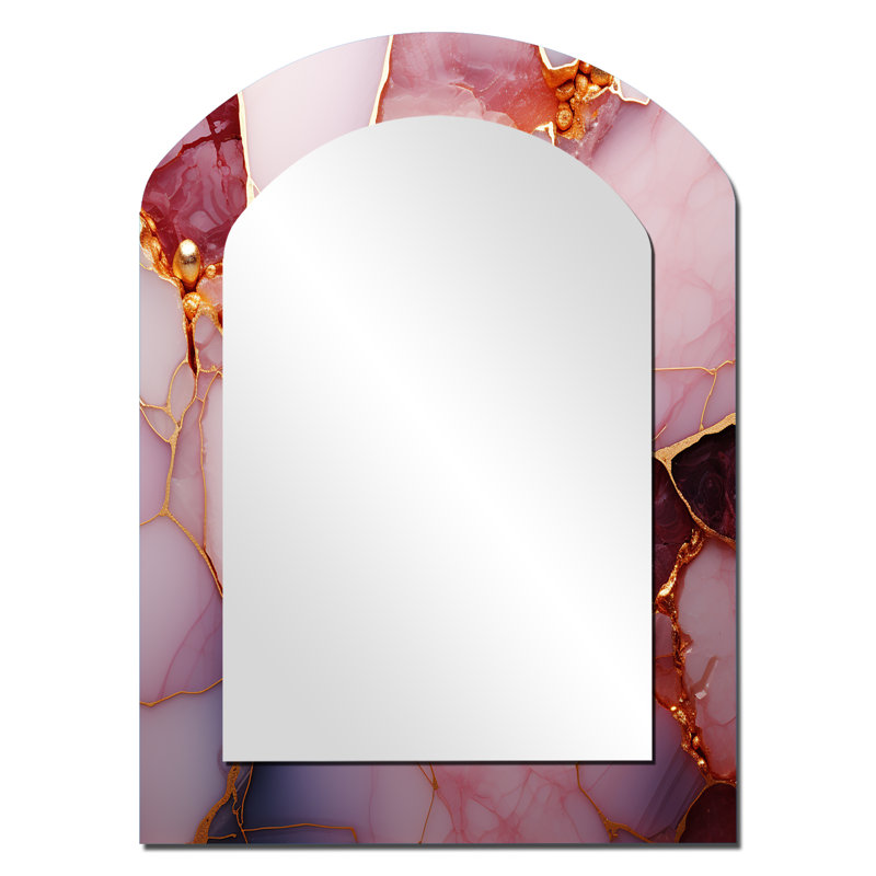 Gold and Pink Marble Essence II - Marble Arch Wall Mirror, Pink Asymmetrical Decorative Mirror, Printed Metal Art, 34" x 25"