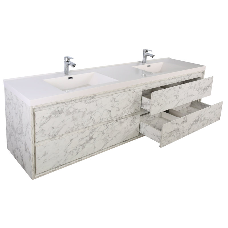 Azden 84" Wall-Mounted Double Bathroom Vanity Set, Marble White