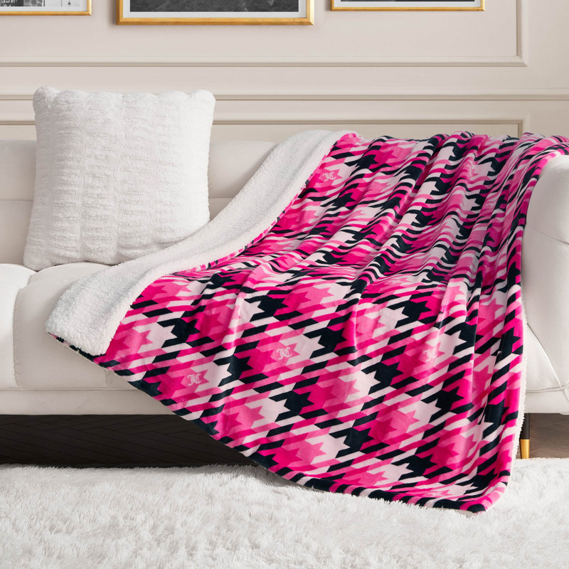 Juicy Couture Plush Reversible Sherpa Throw Blankets, Hot Pink Classic Tweed