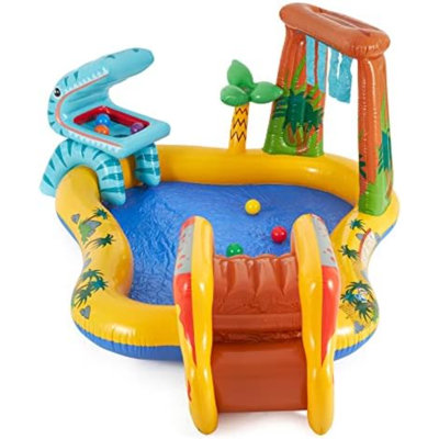 Inflatable Dinosaur Play Center Outdoor Playhouse Inflatable Water Park With Kid Pool Slide, Water Sprayer, Waterfall, And 6 Balls, Multicolor