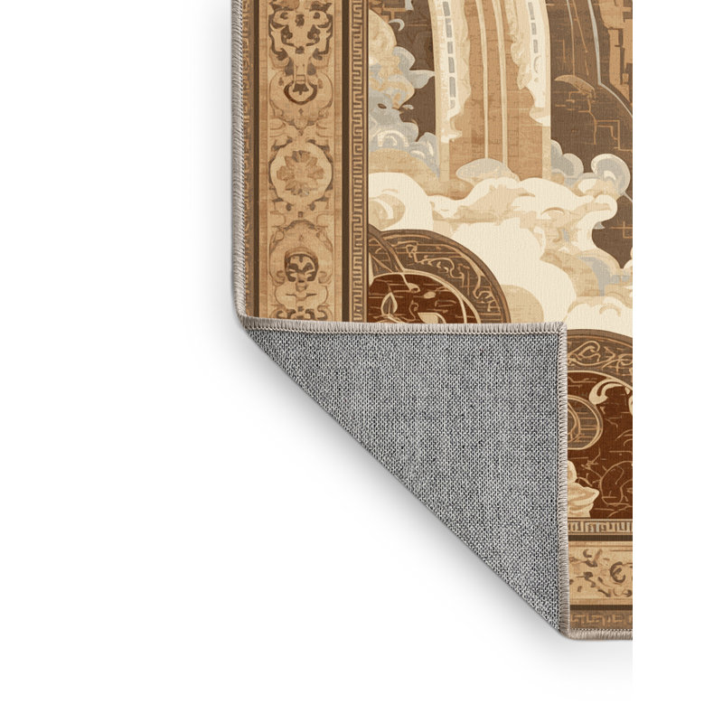 Tapis oriental classique lavable à la machine en brun - beige, Carré 5 pi