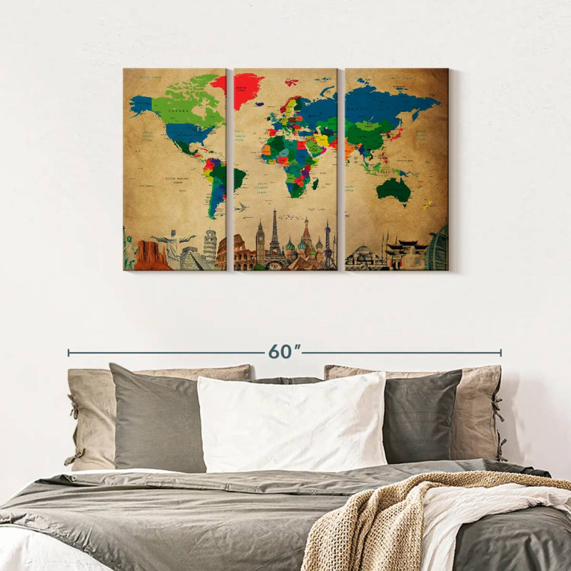 Carte du monde sur toile de la société 3 pièces, H 28 po x l 45 po x P 1,25 po