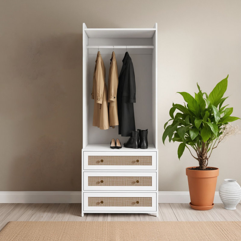 Grand garde-robe de rangement de salon / chambre à coucher avec 3 tiroirs et éléments en rotin, à la fois beaux et fonctionnels