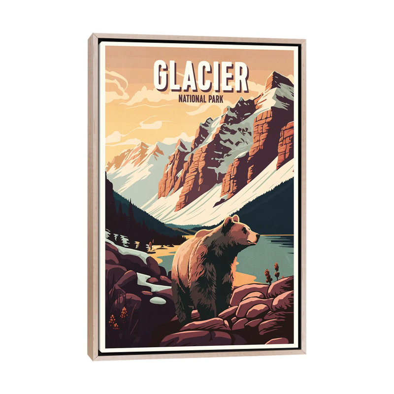 Parc national de Glacier, H 48 po x l 32 po x P 1,5 po, Toile avec cadre flottant en bois naturel, Pas de tapis