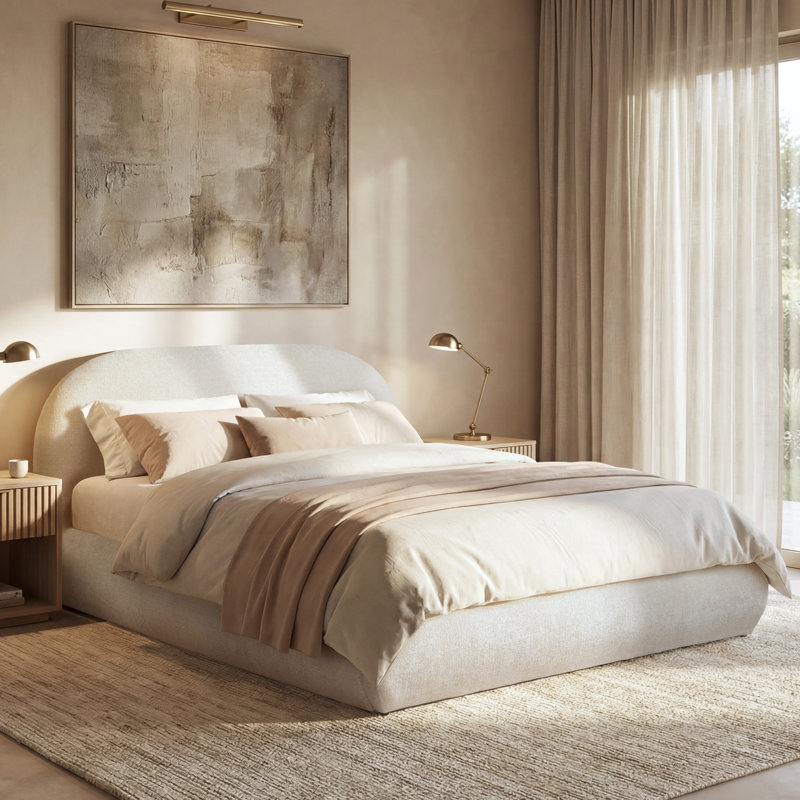 Berteal Puffy Grounded Upholstered Platform Bed, Performance Velvet, Queen, Light Beige Chenille