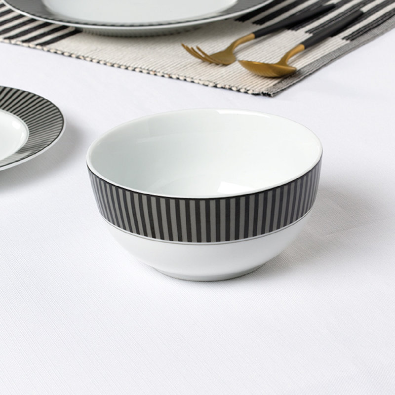 Waterside 12pc Belmont Stripe Porcelain Dinner Set, Black/White