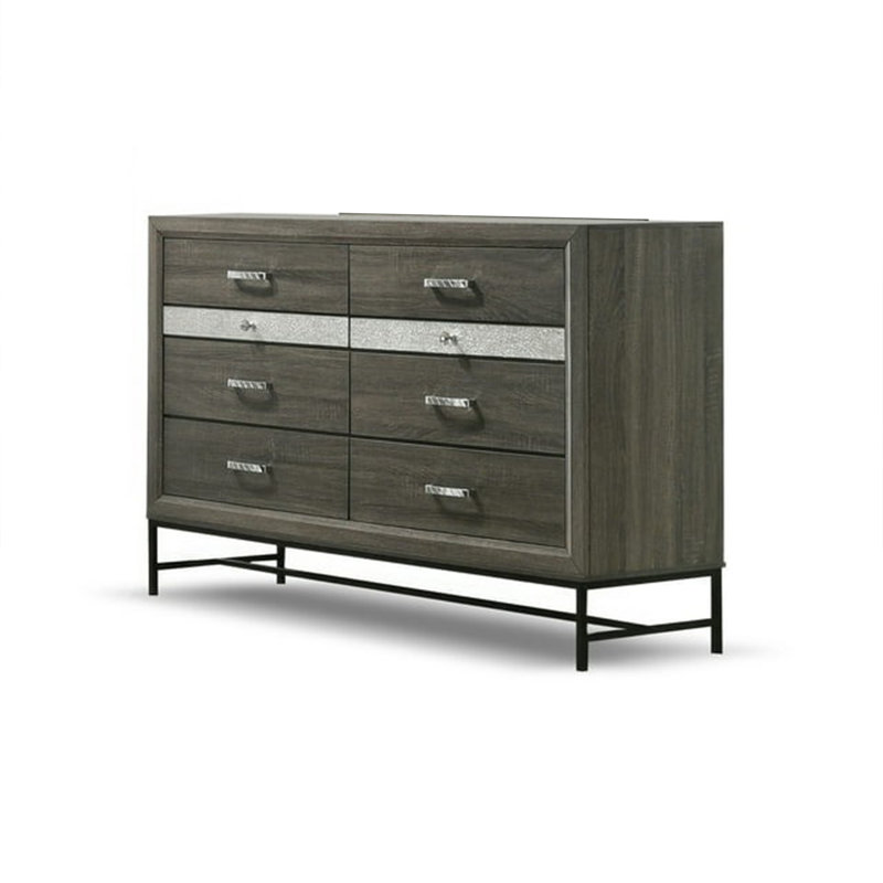 Commode large Lito, 6 tiroirs avec 2 plateaux à bijoux, argent glam, gris