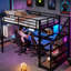 Lit mezzanine double avec bureau et escalier de rangement, lits mezzanine en métal avec lumières à DEL, ports USB, filets en fer multifonctionnels, aucune boîte à ressorts nécessaire et sans bruit, noir-65815079