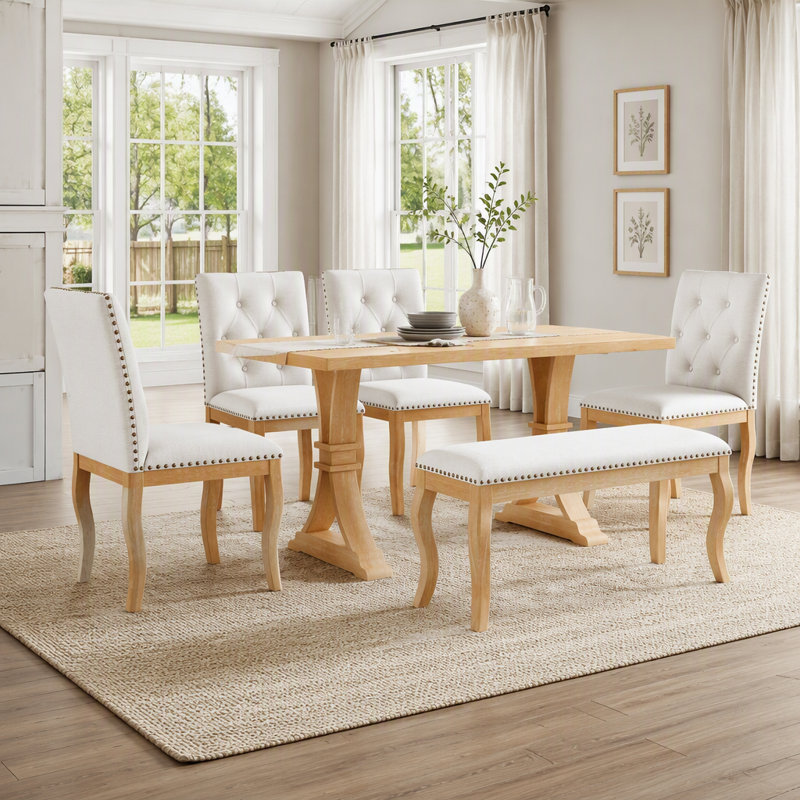 Ensemble de table de salle à manger 6 pièces avec banc et chaises capitonnées, Brown / Natural, Naturel