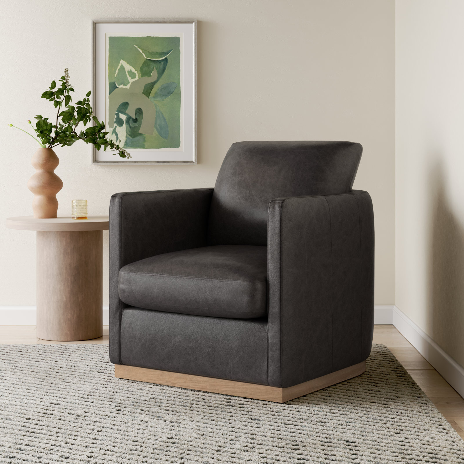 Bobbi Genuine Leather Swivel Armchair, Marseille Black Top Grain Leather
