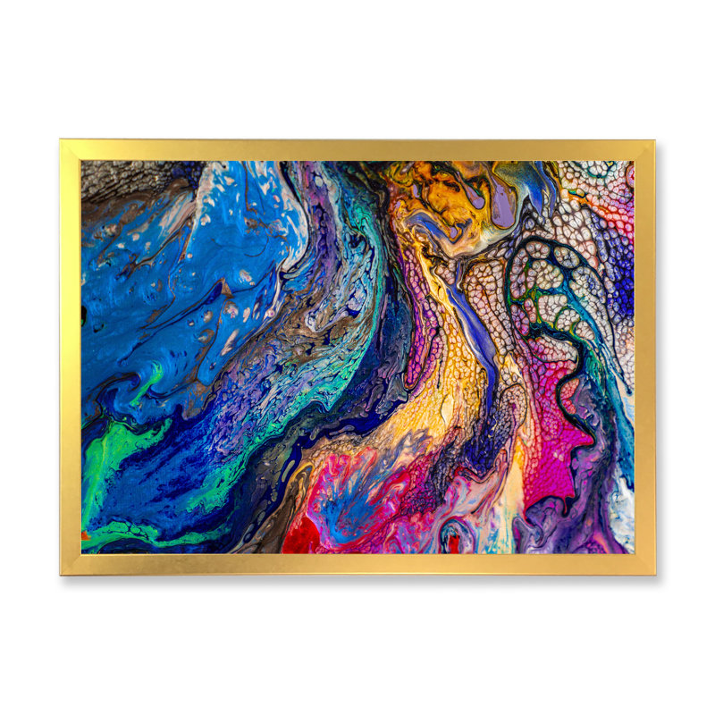 Rouge rouge bleu et jaune marbre - peinture sur toile, H 30 po x l 40 po, Cadre doré à coins fermés