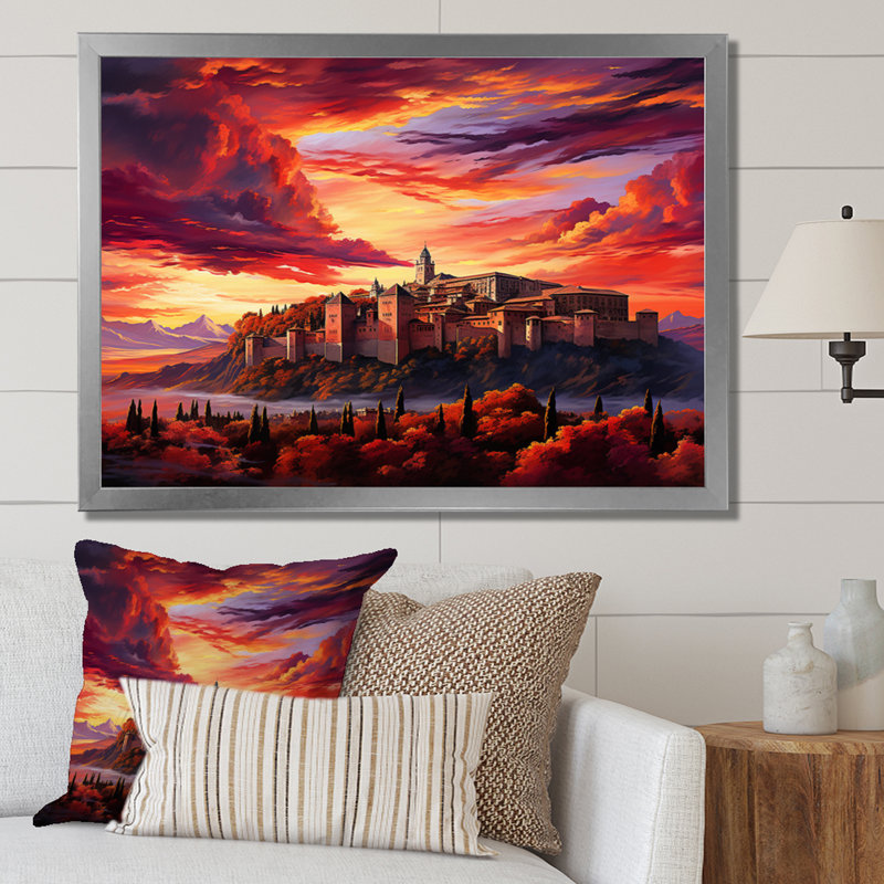 Spain Sunset Over The Alhambra I - Landscapes Canvas Art Print, H 30 po x l 40 po x P 1,5 po, Cadre simple argenté