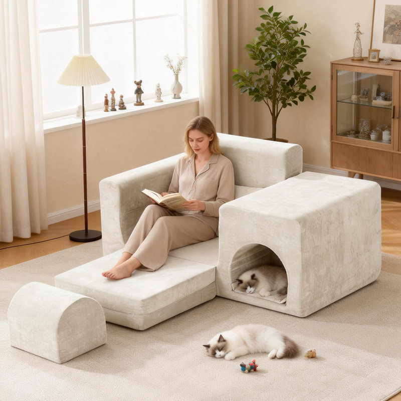 Fauteuil convertible de 55,1 po adapté aux animaux de compagnie avec cachette pour animaux de compagnie intégrée, siège rabattable en mousse à mémoire de forme et repose-pieds, beige