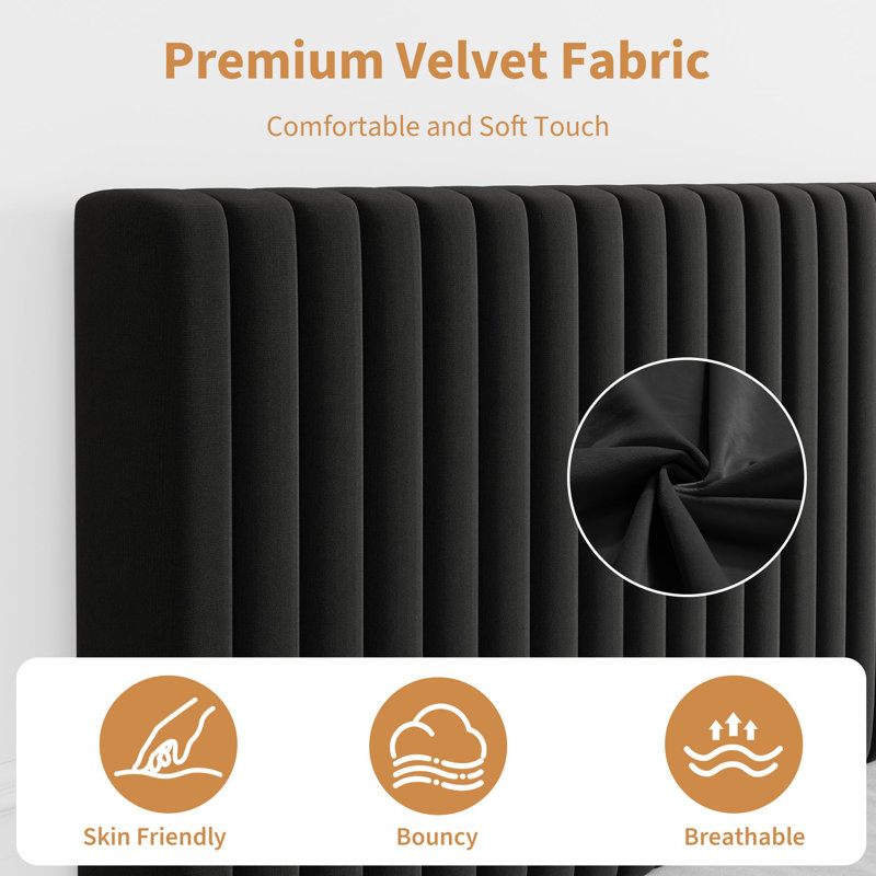 Full Bed Frame with Adjustable Headboard, Velvet Upholstered Platform Full Size Bed Frame, Vertical Channel Tufted, Strong Wooden Slats, No Box Spring Needed, Easy Assembly, Black