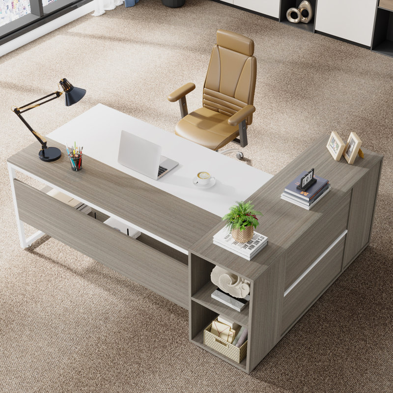 L- Shape Executive Desk, Light Gray/White
