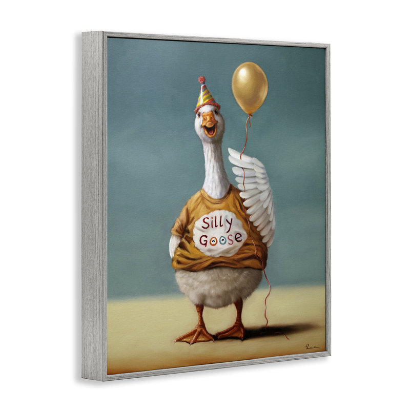 Silly Goose avec ballon, estampe numérique, design par Lucia Heffernan, Giclée de ferme grise encadrée, H 20 po x l 16 po