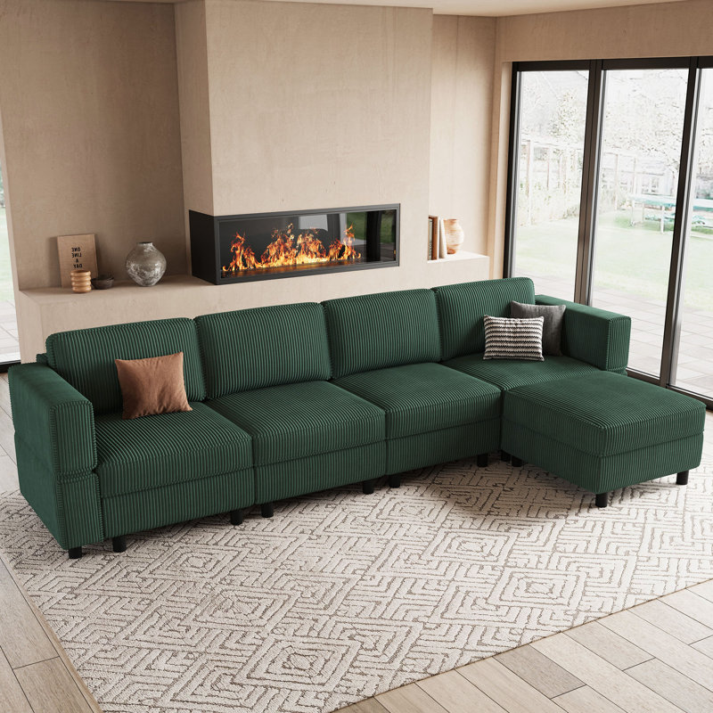 Upholstered Modular Sofa Sectional With Ottoman, Green Corduroy
