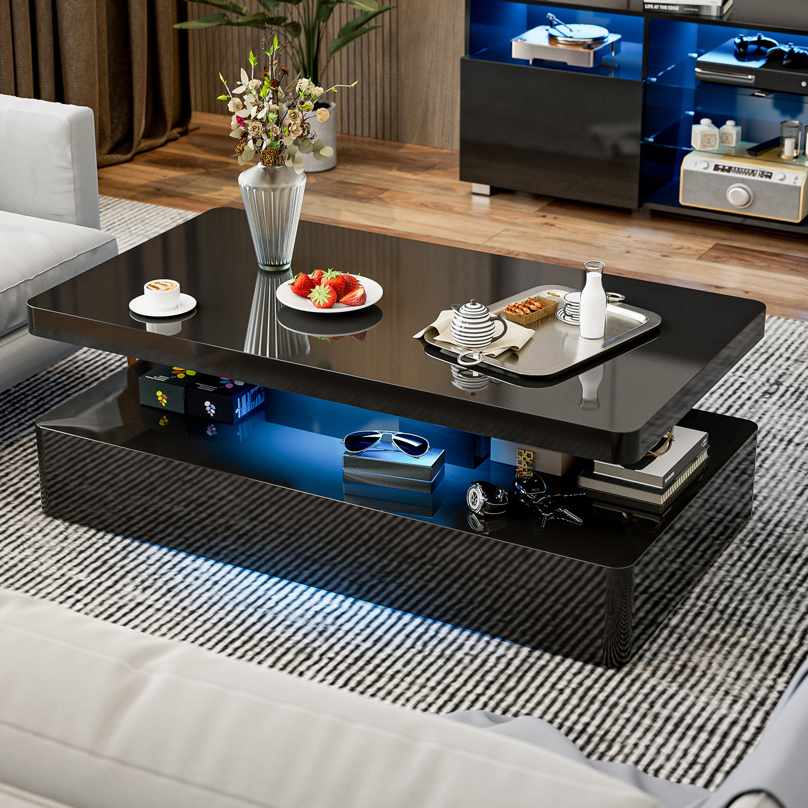Abdulmalek Single High Glossy LED Coffee Table With Storage, Black, Rounded Corners