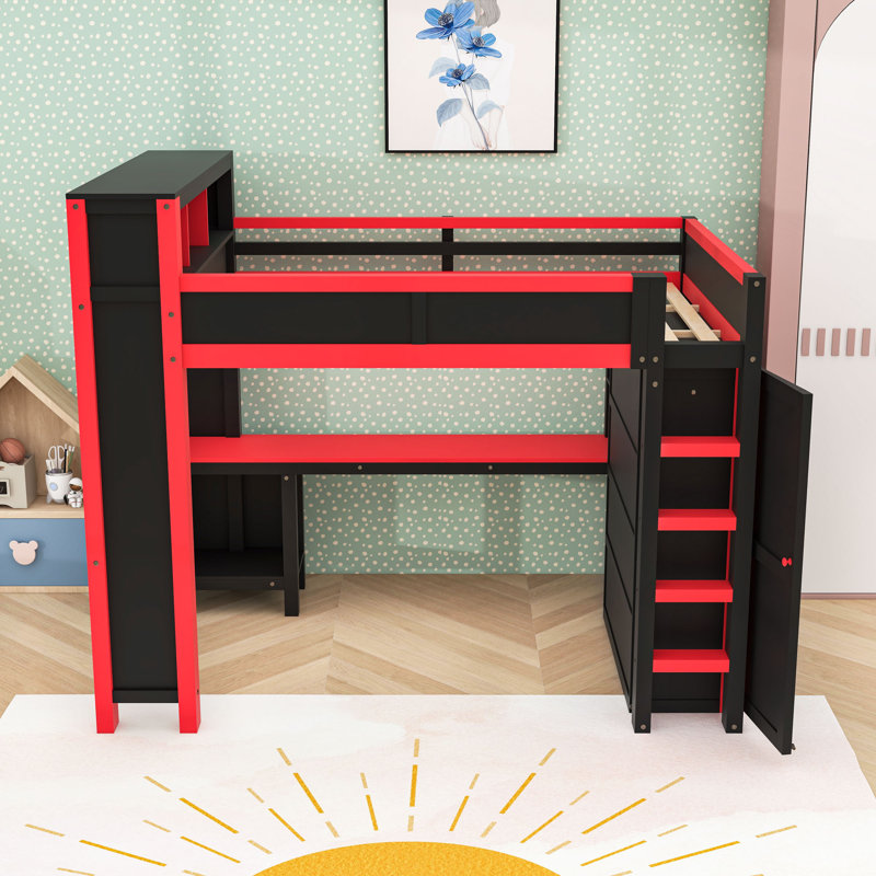 Grand lit mezzanine en bois avec bureau, garde-robe, ports USB et tablettes de rangement