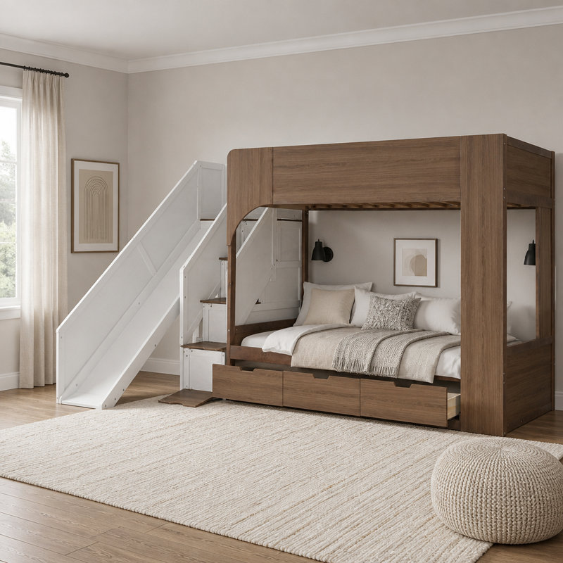 Bunk Bed with Slide, Storage Stairs, Shelves, and 3 Drawers, Lit simple