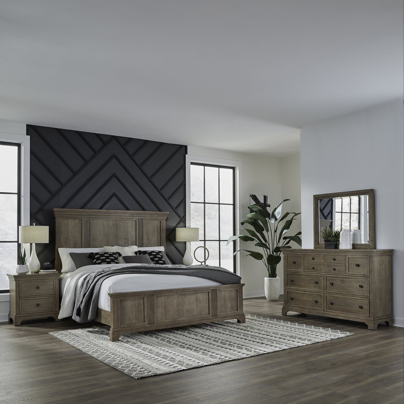Kamoura Queen Panel Bed, Dresser & Mirror, Nightstand Bedroom Set, Queen, 4 Pcs: Bed, Dresser, Mirror, Nightstand