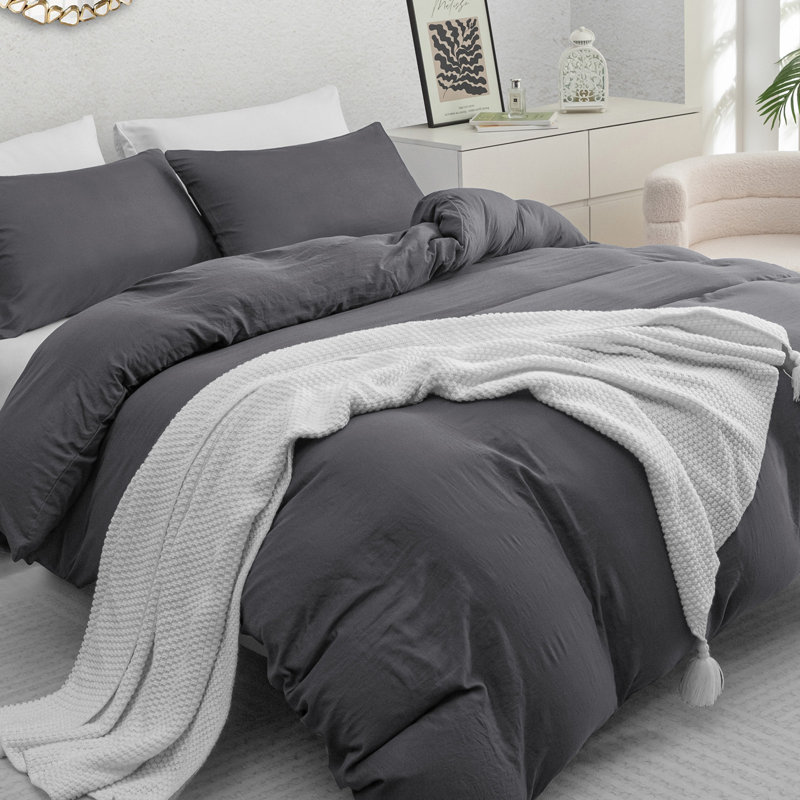 Premium Prewashed Duvet Cover Set Double Brushed Microfiber Reversible With Zipper Closure & Corner Ties, Grey