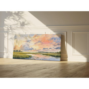 «Pastel Marsh Sunset Landscape, Carolina Lowcountry Coastal Watercolor, Reproduction d'art mural