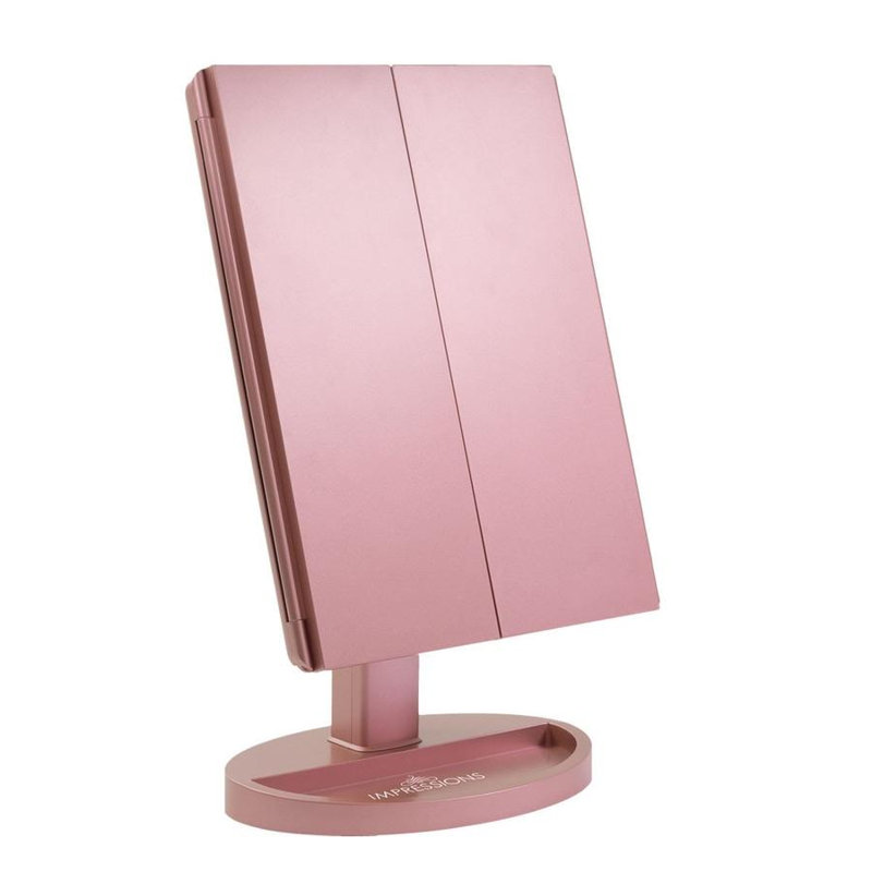Touch Trifold XL Dimmable LED Makeup Mirror with Standing Base Vanity Dressing Mirror with USB Cable, Rose Gold