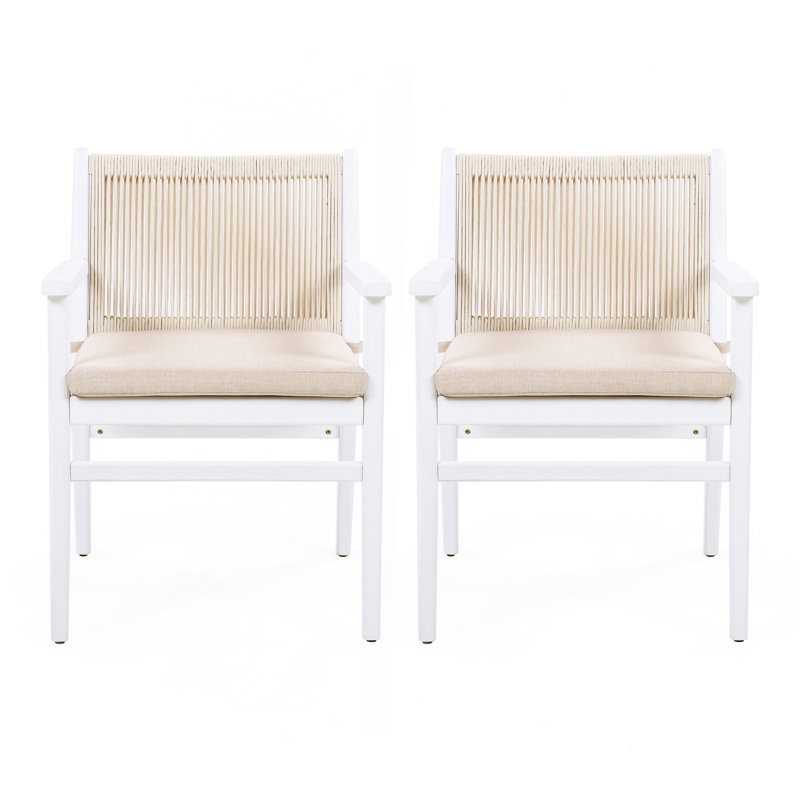 Outdoor Dining Chairs Set Of 2, Acacia Wood Patio Armchair With Rope Design Back And Water Repellent Cushion, White Frame, 400Lbs Weight Capacity
