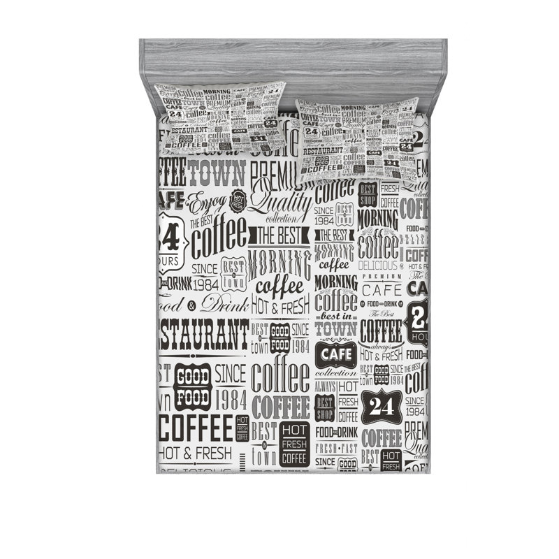 Ensemble de literie à café et textes rétro, Ensemble de draps pour lit double avec un drap-hou