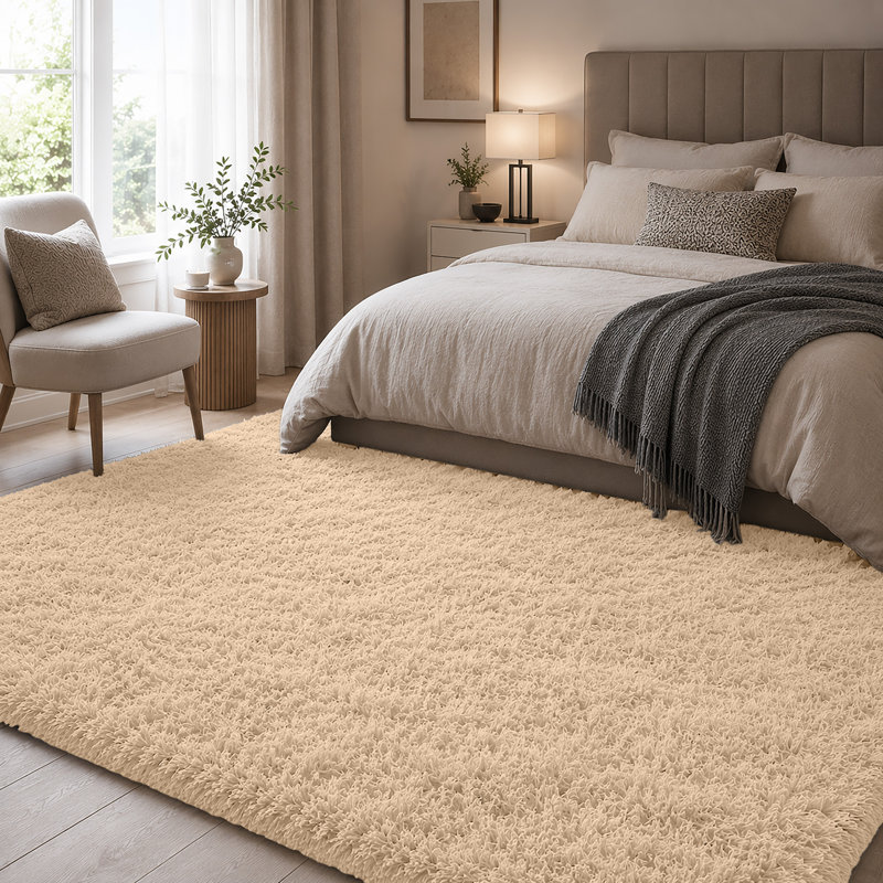Luxury Plush Shaggy Area Rug & Runner, Soft Deep-Pile Non-Slip Living Room Carpet, Cream, Rectangle 120 x 170 cm